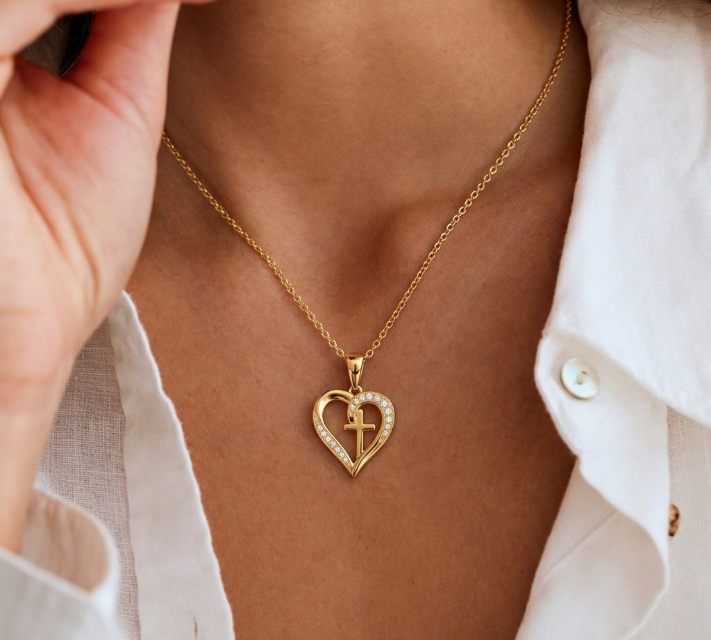 Crystal Heart Cross Necklace